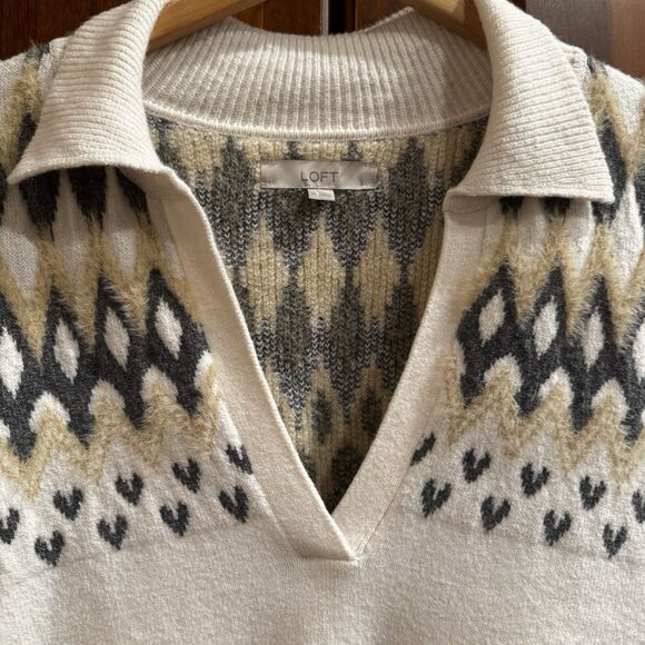 Loft Cream Nordic Fair Isle Collared Split Neck Soft & Cozy Sweater XL - Picture 6 of 16